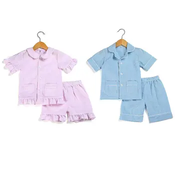 Letné dievčatá sleepwear deti pyžamá bavlnená seersucker chlapci oblečenie pajama nastaviť batoľa deti pyžamá