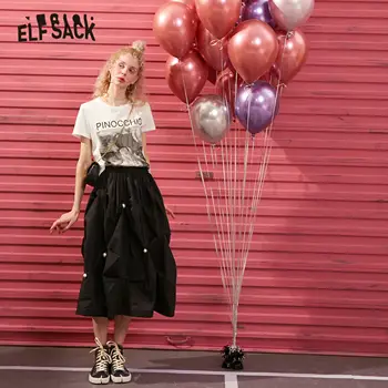 ELFSACK Solid Black Pearls Besded Bežné Ženy Midi Sukne 2020 Letné Nový Vintage Irregualr Lem kórejský Dámy Denne Dno