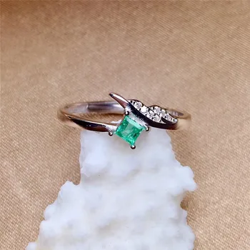 WEAINY Nové módne prírodné emerald krúžok Jednoduché a autentické námestie 3 mm* 3 mm mincový striebro emerald zásnubný prsteň pre ženy