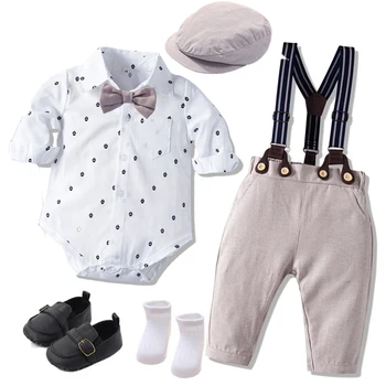 Jeseň&Jarné Oblečenie Baby Chlapci Gentleman Šaty Romper Klobúk, Topánky 7 KS Deti, Svadobný Oblek Batoľa Detský Narodeniny Oblečenie