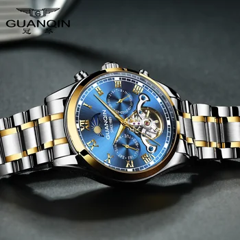 GUANQIN Sledovať Mužov Luxusné Značky Slávny Nerezovej Ocele, Vodotesné Automatické Hodinky Mužov Svetelný Ručné mechanické náramkové hodinky