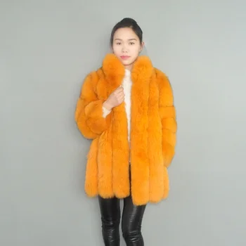 Skutočné Orange Gloden Fox Kožušiny Vertikálne pruhy patchwork prúžok kabát outwear dlhá bunda parka Zimné Výkopu Stand Up Golier Plus