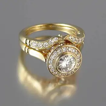 Luxusné Žena Svadobný Prsteň Vintage Crystal Žlté Zlato 18KT Farba Stohovateľné Krúžok Sľub Zásnubné Prstene Pre Ženy