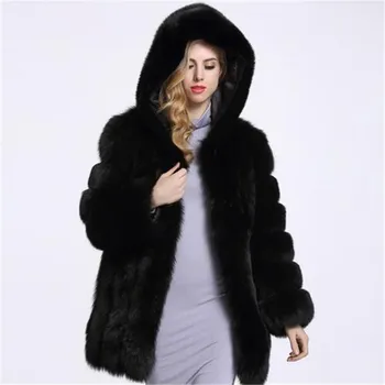 BINYUXD módy Nové hrubé zimná bunda s kapucňou teplé imitácia kožušiny kabát kvalitnej imitácie fox kabát veľké veľkosti ženy Kabát