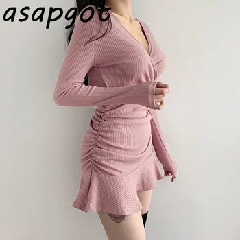 Jeseň Nové Sexy Štíhla Kórejský Elegantné Temperament Pletené Čierne Volánikmi Mini Šaty V Krku Plus Veľkosť Svetre Šaty Ružové Sladké Móda