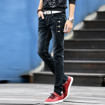 Džínsy Mužov, Mladých 2020 Módny Trend Kórejský Štýl High Street Streetwear Chudá Slim Fit Tlačidlo Denim Pant Mužských Nohavíc Čierna Modrá