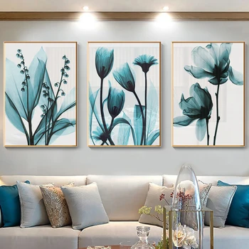 Nordic Plátno na Maľovanie Kvetov, Plagát, Modrá Kvetinový Wall Art Print pre Vintage Obývacia Izba Dekoratívne Nástenné Obrazy