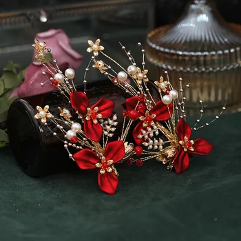 Romantický Červený Kvet Čelenky Hairgrips & Náušnice pre Ženy, Svadobné Svadobné Headpiece Zapojenie Strana Vlasy Príslušenstvo