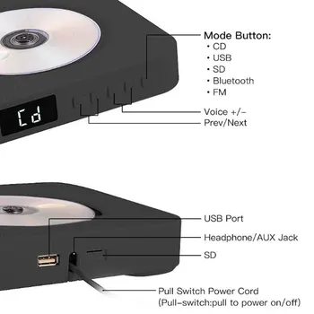 JABS, montáž na Stenu Bluetooth CD Prehrávač s Displejom Prenosné USB Hudobný Prehrávač DVD Prehrávač so zabudovaným Reproduktorom Čierna