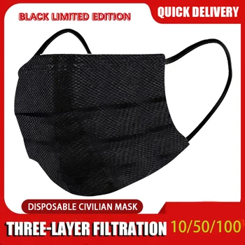 Čierny 3-layer Mask 10/50/100ks Tvár, Ústa Masky Taveniny Fúkané Handričkou Jednorazové Proti Prachu Masky Earloops Masky