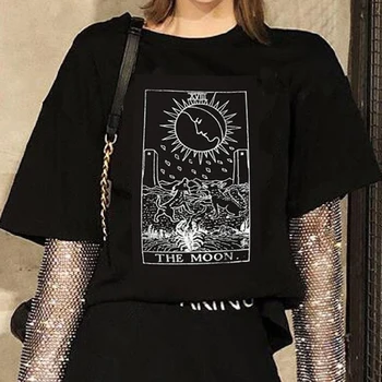Čierne Tričko XVII Mesiac Tarot Karty Gotický Harajuku Vintage Dizajn Ženy Muži Unisex Tričko Topy Grunge Edgy Ženy Oblečenie