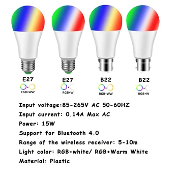 15W RGBW Bluetooth Led Žiarovka Ôk siete Skupiny E27 B22 Smart Led Svetlo, Zmena Farby Stlmiť Tým, že IOS / Android APP Radič