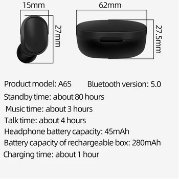 A6S TWS Bluetooth Slúchadlá Bezdrôtové Slúchadlá Stereo Headset hráč športové Slúchadlá mikrofón s nabíjanie box pre smartphone