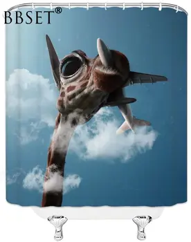 Cartoon Zvieratá Sprchový Záves Blue Sky Roztomilý Zábavné Žirafa Lietadiel Vzor Vodotesný, Multi-veľkosť Douchegordijn Kúpeľňa Decor