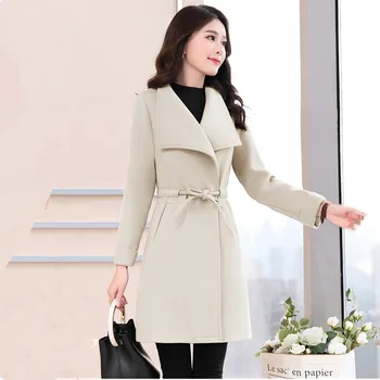 UHYTGF Bežné jar jeseň vlnené kabát ženy móda klope čipky Štíhla žena bunda elegantné tenké vrstvy 3XL plus veľkosť top 1403