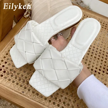 Eilyken Sexy Hada Tlače Štvorcové Prst Ploché Papuče Dámy Letné Platformu Non-Slip Bežné Plážové Sandále Ženy Tkaných Topánky