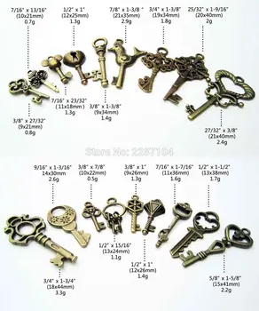 50pc/veľa Antických Mosadz, Bronz Vintage Retro Staré Vzhľad Interiéru Skeleton Key Náhrdelník s Príveskom, Lúk Steampunk Charms Amulet Šperky urob si sám