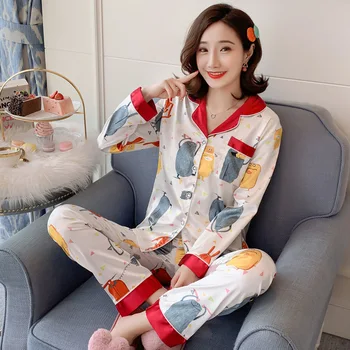 Ženy Pyžamá Nastaviť Cartoon Ice Hodvábny Satén Pajama Dlhý Rukáv Sleepwear Roztomilý Dievča Pyžamá
