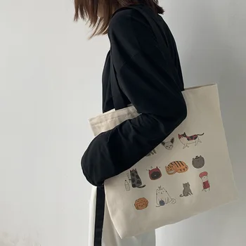 Veľké Plátno Kapsičky Taška pre Ženy 2020 Eco Opakovane Ramenný Nákupní Taška Japonských Kreslených Mačka Cestovné bavlnenú Handričku, Študentské Tašky