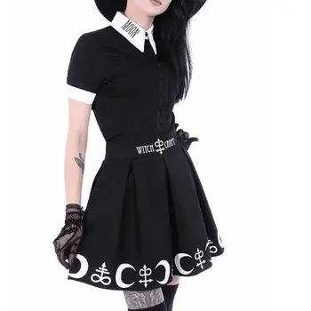 2020 Harajuku Punk Rock, Gothic Sukne, Čierne Ženy Čarodejnice Mesiac Vytlačené Vysoký Pás Čarodejnice Remeslá Moon Star Tlač Goth Skladaný Sukne