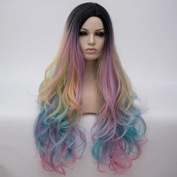 Similler Dlho Multi-Farebné Ženy Vlnité Vlasy, Syntetické Rainbow Parochne pre Cosplay Ombre Párty Parochňa s Spp Stredná Časť
