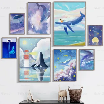 Fantasy Veľryba Cestovanie Plátno Na Maľovanie Hviezdy More Oblakov Plagát Detinské Umenie Tapety Detská Izba Dekorácie, Remeselné Vytlačiť Obrázok