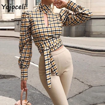 Yojoceli bežné streetwear koberčeky luk blúzky tričko ženy stojí golier luk backless blúzky žena blusas topy