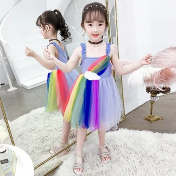 Móda rainbow čipky šaty dievčatá elegantné mimo ramenný Narodeninovej Party Deti Šaty cloud oka deti vestido gxj