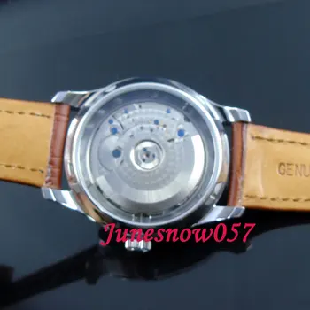 Parnis 43mm ST 2505 Automatické pánske hodinky power reserve zobrazenie Dátumu biela dial dátum nepremokavé kožené pútko 413