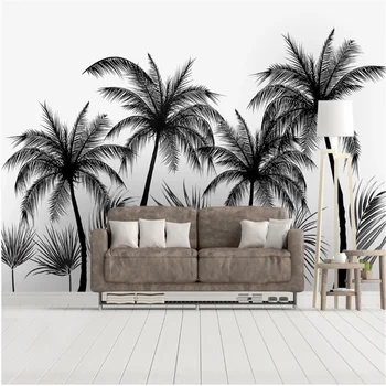 Milofi vlastné foto tapety nástenná maľba čiernej a bielej náčrt štýl tropickom dažďovom pralese coconut tree Nordic TV pozadí na stenu