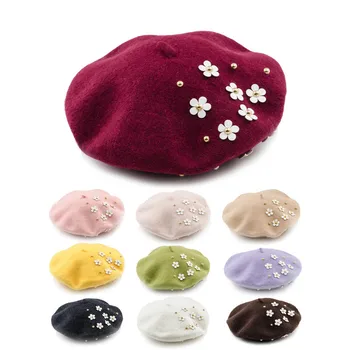 Vysoká kvalita kórejský pearl flower vlna beret Pani Vlna maliar klobúk Bežné Farbou Kapoty Čiapky Pre Dievčatá, Ženy Boina