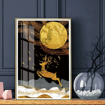 Zlatý Jeleň Vtákov Nordic Plagát Krajiny Abstraktné Maliarske Plátno Wall Art print Dekoratívne Obrázky na Obývacia Izba Domova