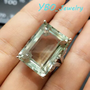 YBO, Obdĺžnik, kruh veľké prírodné zelené quartz 15*20 mm 23ct v 925 sterling sivler s 18k bielym zlatom jednoduché, elegantné krúžok