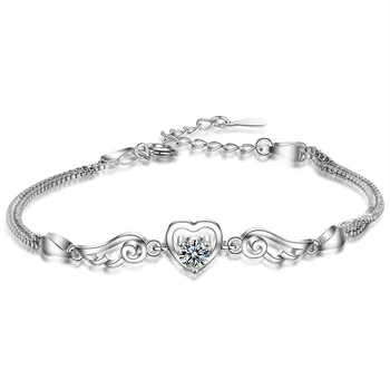 925 Sterling Silver Dvojvrstvové Nastaviteľné Poľa Reťazca Krištáľové Srdce Krídlo Kúzlo Náramok &Náramok Pre Ženy, Svadobné Šperky SL086