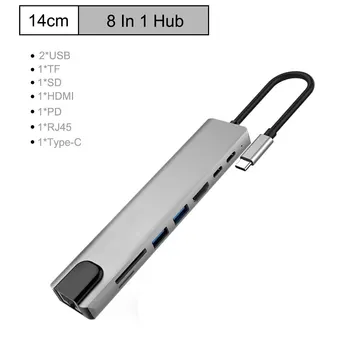 Typ-C Hub Na RJ 45 Adaptér 4K Thunderbolt 3 USB C Hub s Nábojom 3.0 TF SD Slot Čítačky PD pre MacBook HP Dell, Lenovo