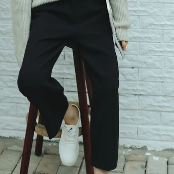 Nohavice Ženy Širokú Nohu, Čierne Elegantné Pevné High-Skladaný pás Členok-dĺžka Elastický Pás Dámske kórejský Štýl Bežné Denné Módne