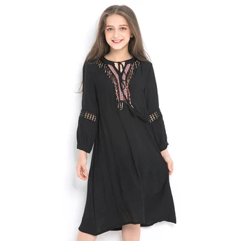 Dospievajúce Dievčatá Šifón Šaty s Dlhým Rukávom Výšivky Čierne Šaty Jeseň Zima 10 12 14 rokov Módne Islamskej Moslimské Dievča Šaty