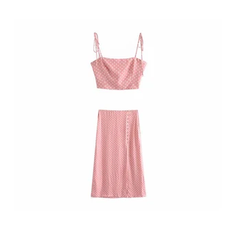 2019 Nové Elegantné Vintage Dovolenku v Štýle Pink White Satin Polka Dot Košieľka a Dlhé Sukne Dve Dielna Sada