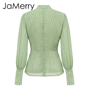 JaMerry Vintage dot tlače zelená ženy šifón, blúzky, košele motýlik vysoký pás peplum topy Lístkového rukáv žena topy, blúzky, košele