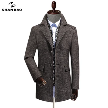 - SHAN-BAO Zimné hrubé teplé šatku golier, dlhé vlny kabát business bežné značku oblečenia mužov slim klope klasický kabát ťava šedá