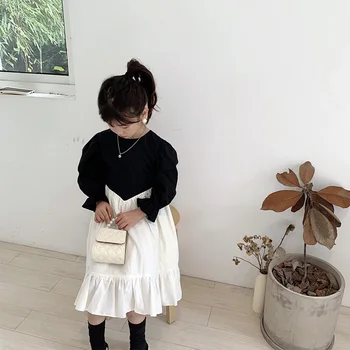 Dievčenské Šaty Bavlna Dieťa Dlhý Rukáv Oblečenie 2020 Jeseň Nový Detí kórejský Štýl, Čierne a Biele Dievča Princezná Dlhé Šaty