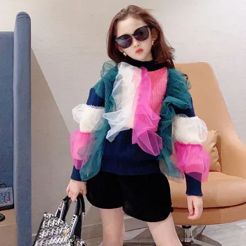 Dievčatá kórejský farba-blokovanie internetových priadza, pletený top 2020 jeseň a v zime nový kórejský detská móda Západný štýl sveter