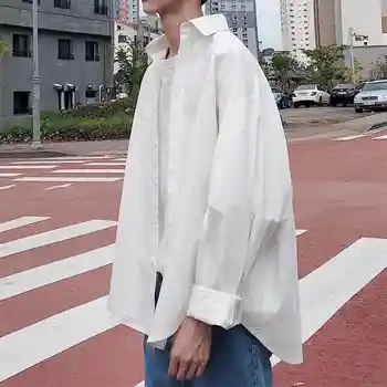 Jar, Jeseň Hong Kong Bežné Dlho puzdre Tričko Mužov kórejský Voľné Biele Tričko Trend Bunda Streetwear Nadrozmerné Tlačidlo Hore Tričko