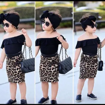 2018 Nové Deti Dievča Letné Oblečenie Baby Girl Mimo Ramenný Prehrabať Tričko Topy Leopard Plášť Sukne Deti Módne Oblečenie 1-6Y