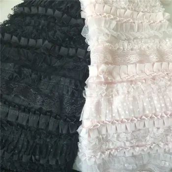 Vrstvený 3D Prehrabať Oka Textílie, Čipky S Polka Dot Tlače Plášte Skladaný Svadobné Čipky Textílie Ružová Čierna 1 Dvore