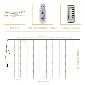 Led Záves Svetlá Cencúľ 3x3M Víla String Svetlá USB ovládať pomocou Diaľkového &Časovač Vnútorné vonkajšie svetlo pre Okno svadobná výzdoba