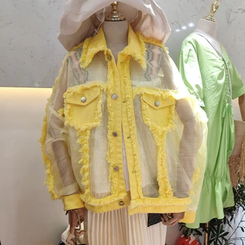 Vysoká kvalita kórejský tenké letné bunda ženy jar čipky Patchwork kabát Žltá/ružová/čierna/biela/modrá transparentné voľné bunda Q6