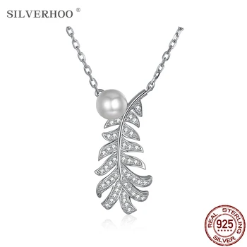 SILVERHOO 925 Sterling Silver Crystal Pearl Prívesok Náhrdelníky Pre Ženy Rastlina Listy Náhrdelník Strany Osobnosti Jemné Šperky