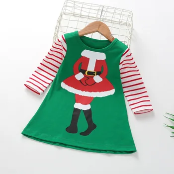 Zimné Vianočné Šaty Prekladané Celý Rukáv Tlač Bavlna Girl Dress O-Krku Jeseň Šaty Strany Dievčatá Oblečenie