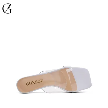 GOXEOU dámske Papuče PVC Transparentné, Jasné Popruhy Blok Crystal 6typ Podpätky Štvorcové Prst Casaul Módne Lady Sandále Veľkosť 32-46